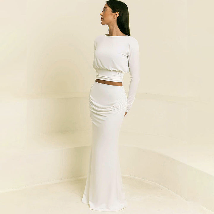 White Crop Top With Full Sleeves With Maxi Skirt Coord Set