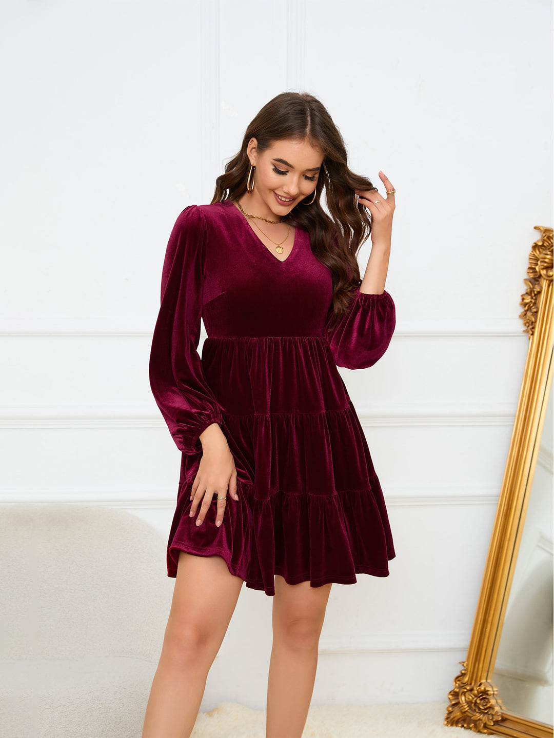 Wine Plunge Neckline Skater Dress