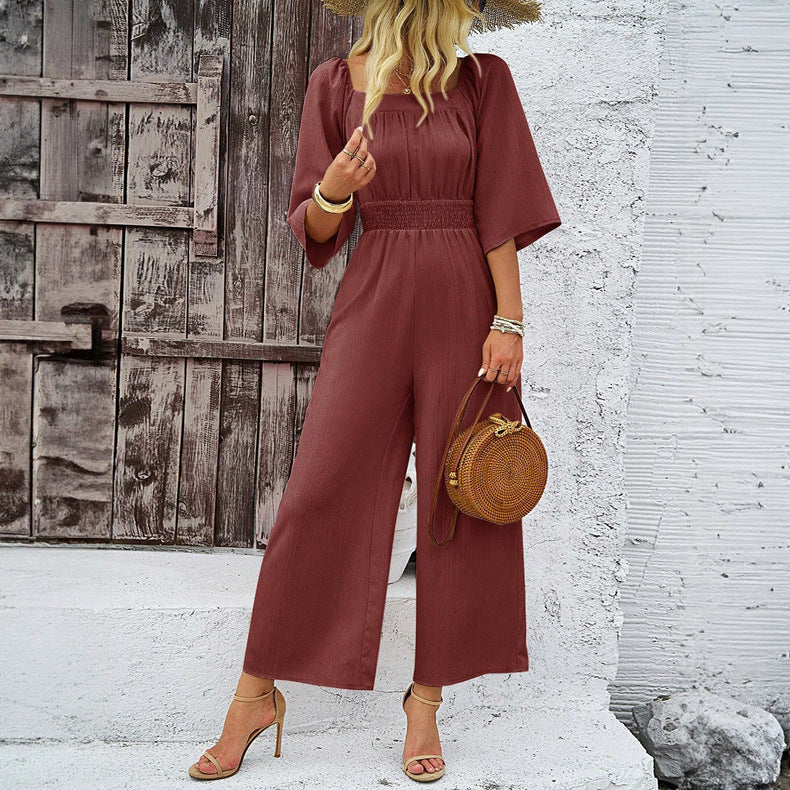 Brown Square Neck Cinched Waist Jumpsuit