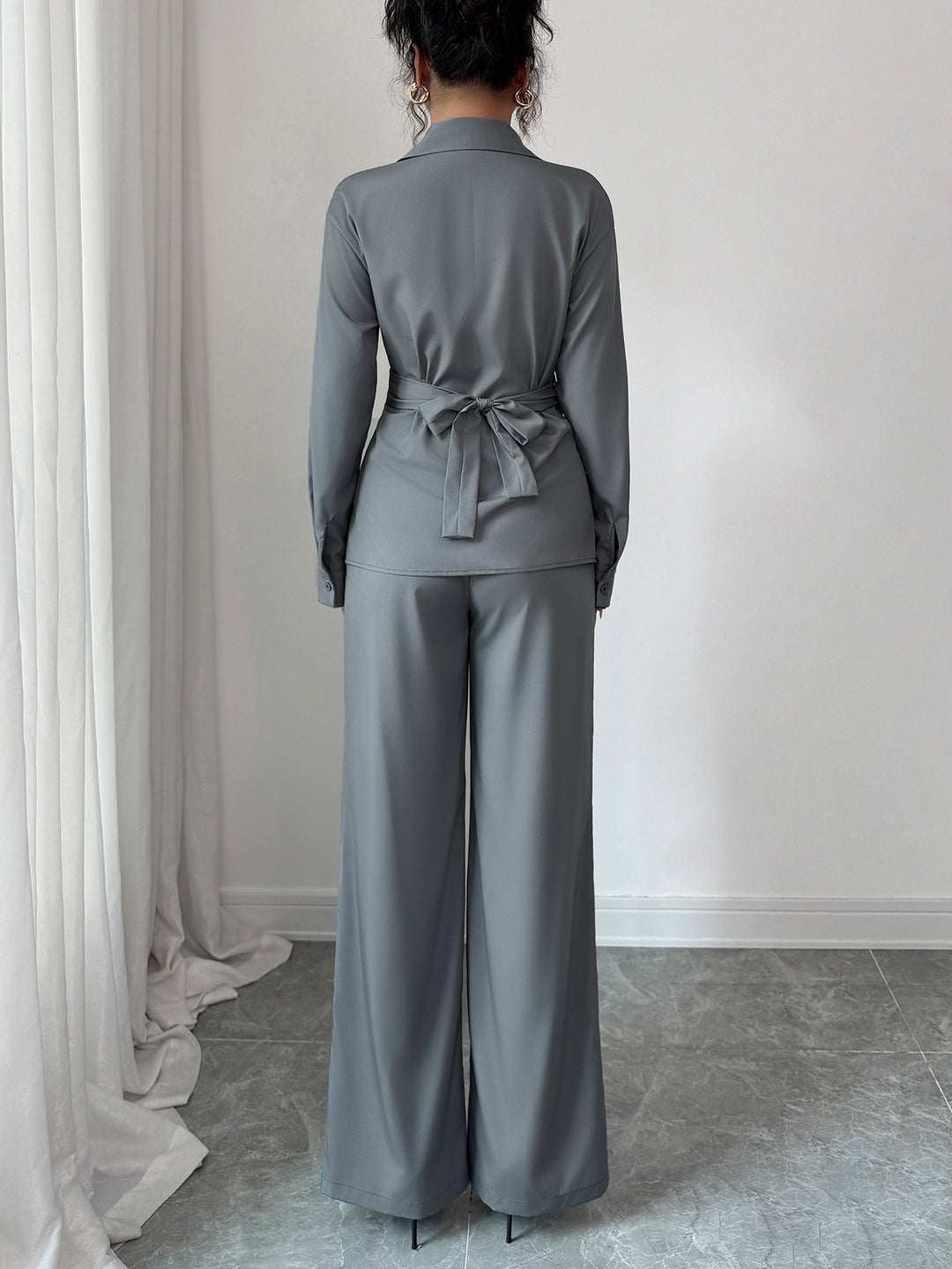 Grey Full Sleeve Wrap Shirt And Pant Set