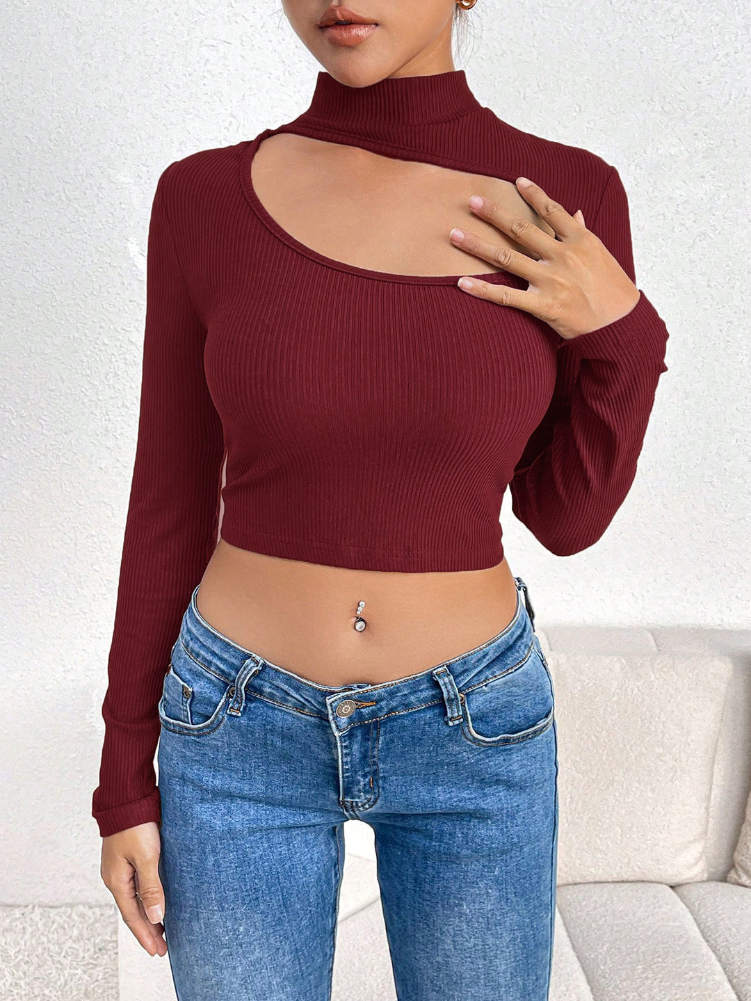 Wine Neck Cut Out Full Sleeved Top