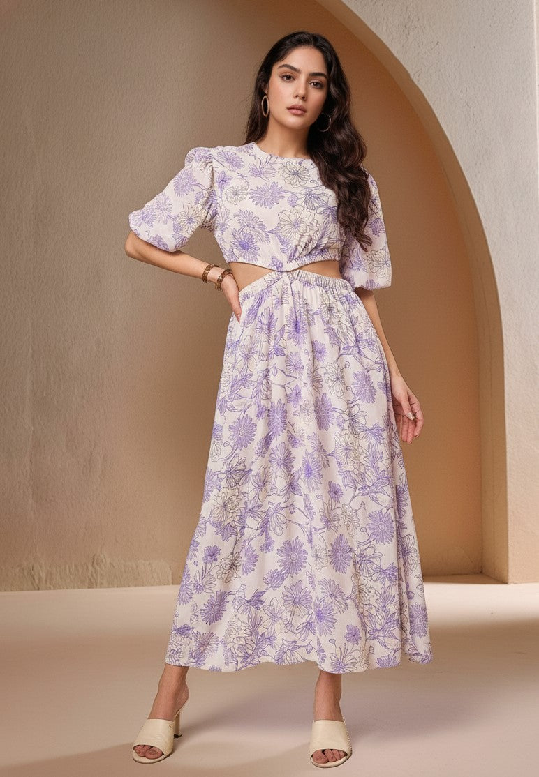 White Short Sleeve Boat Neck Printed Dress