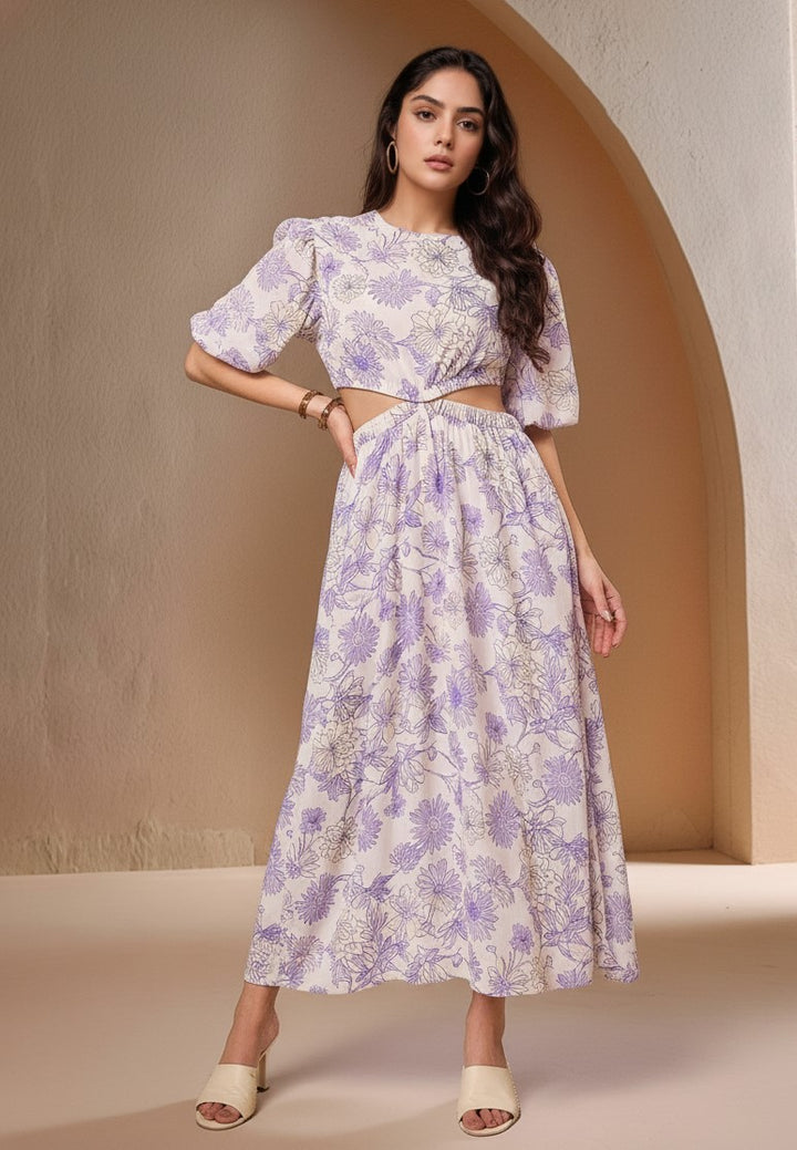 White Short Sleeve Boat Neck Printed Dress