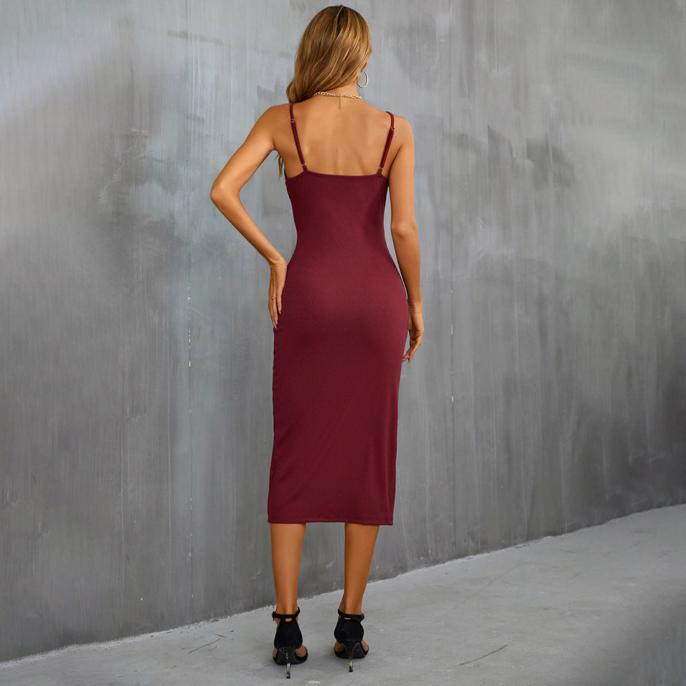 Wine Shoulder Strap Front Slit Dress