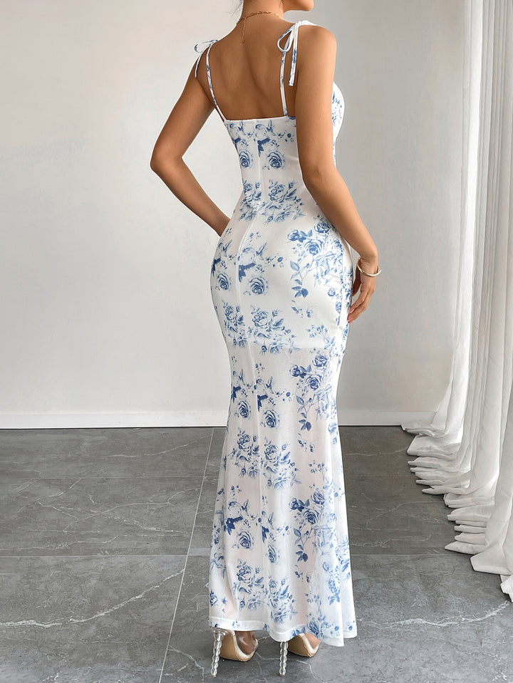 Blue Shoulder Tie-Up Front Ruched Dress