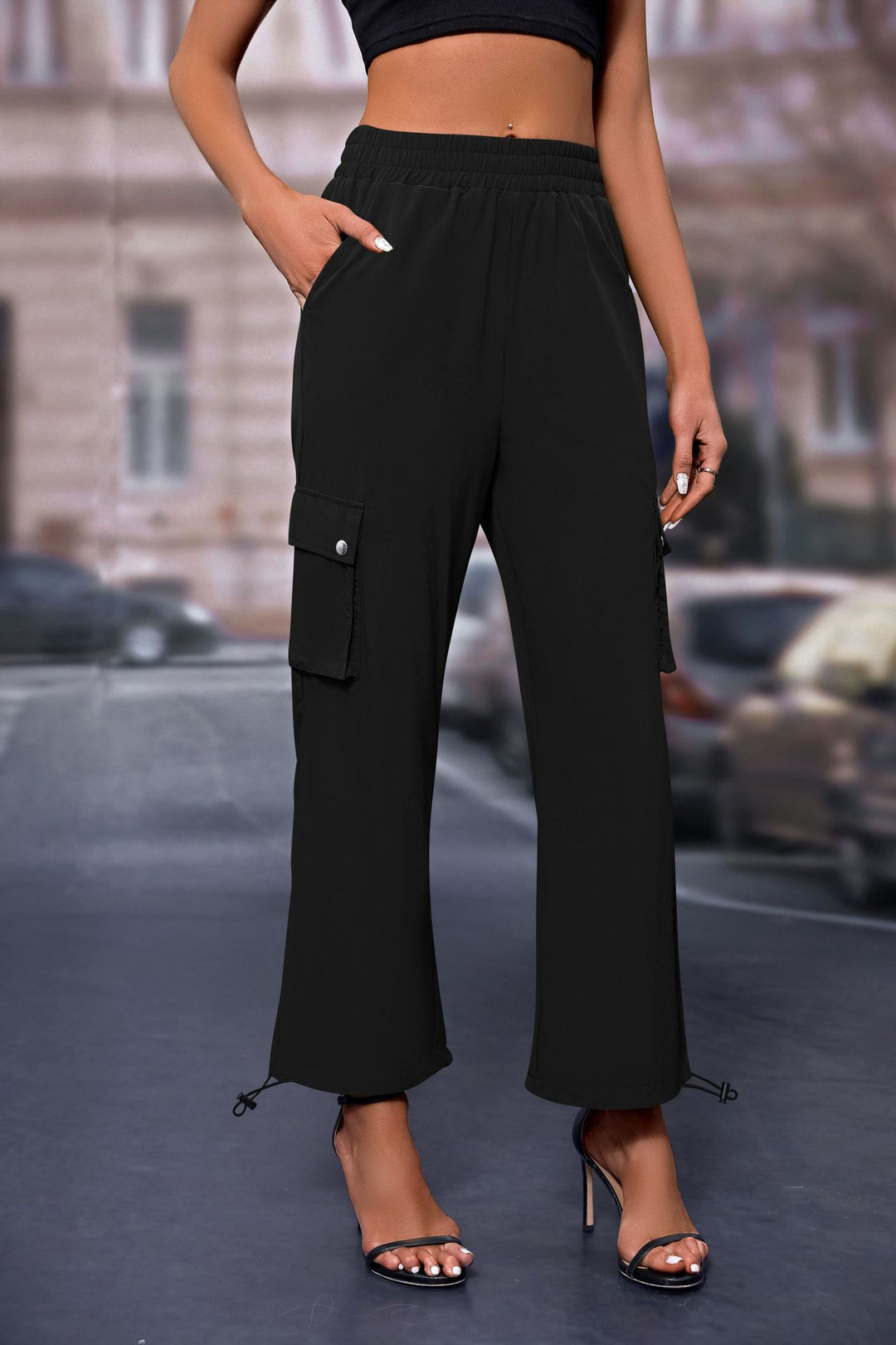Black Elasticated Parachute Cargo Sweatpants