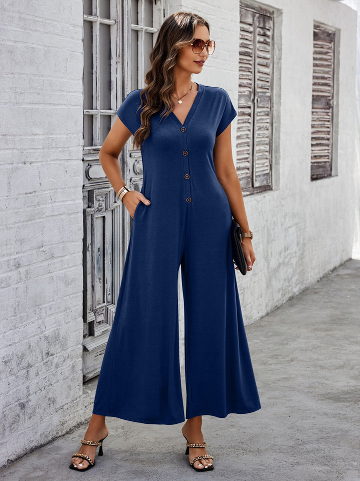Navy Blue Plunge Neck Flowy Jumpsuit