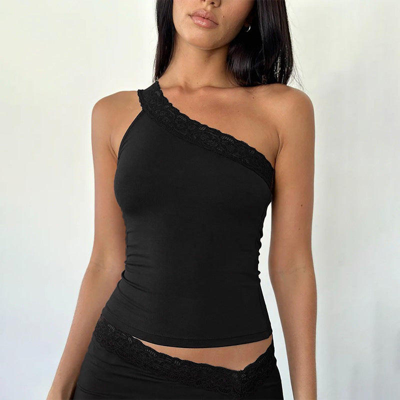 Black One Shoulder Lace Tank Top