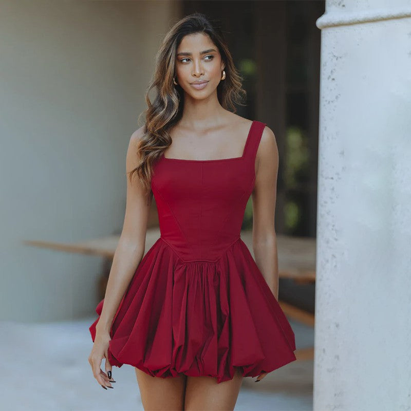 Red Square Neck Bubble Hem Dress