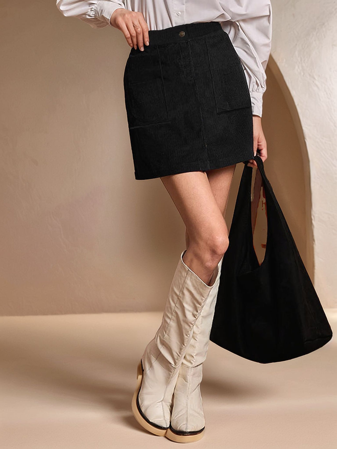 Black Solid A-Line Midi Skirt