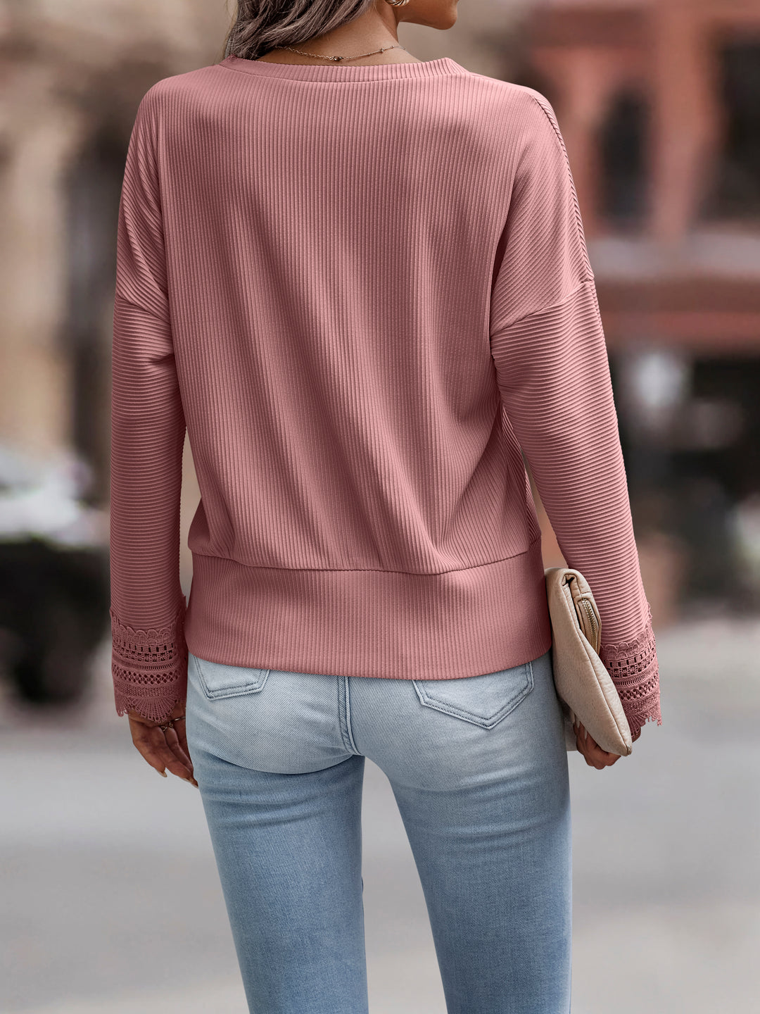 Pink V Neck Top With Lace Inserts