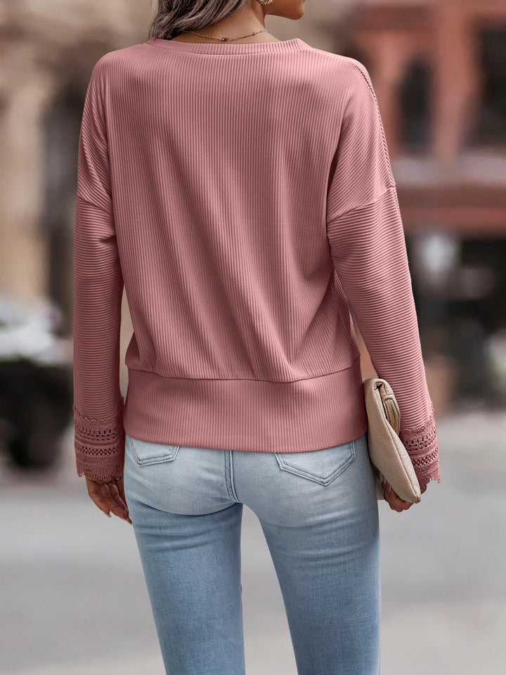 Pink V Neck Top With Lace Inserts