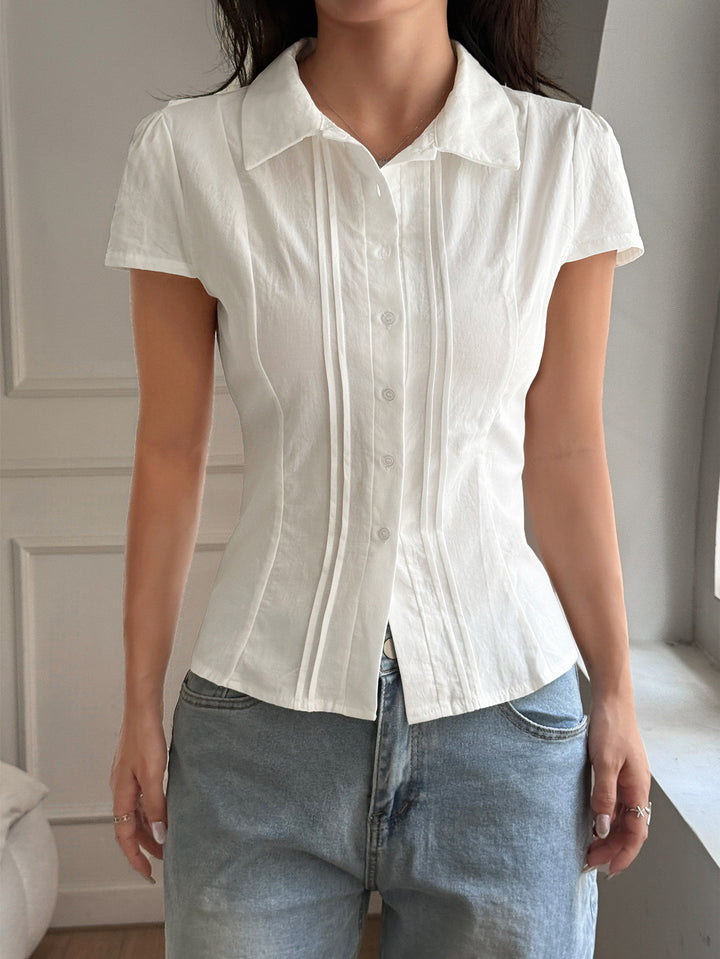 White Half Sleeved Pink Tucked Shirt