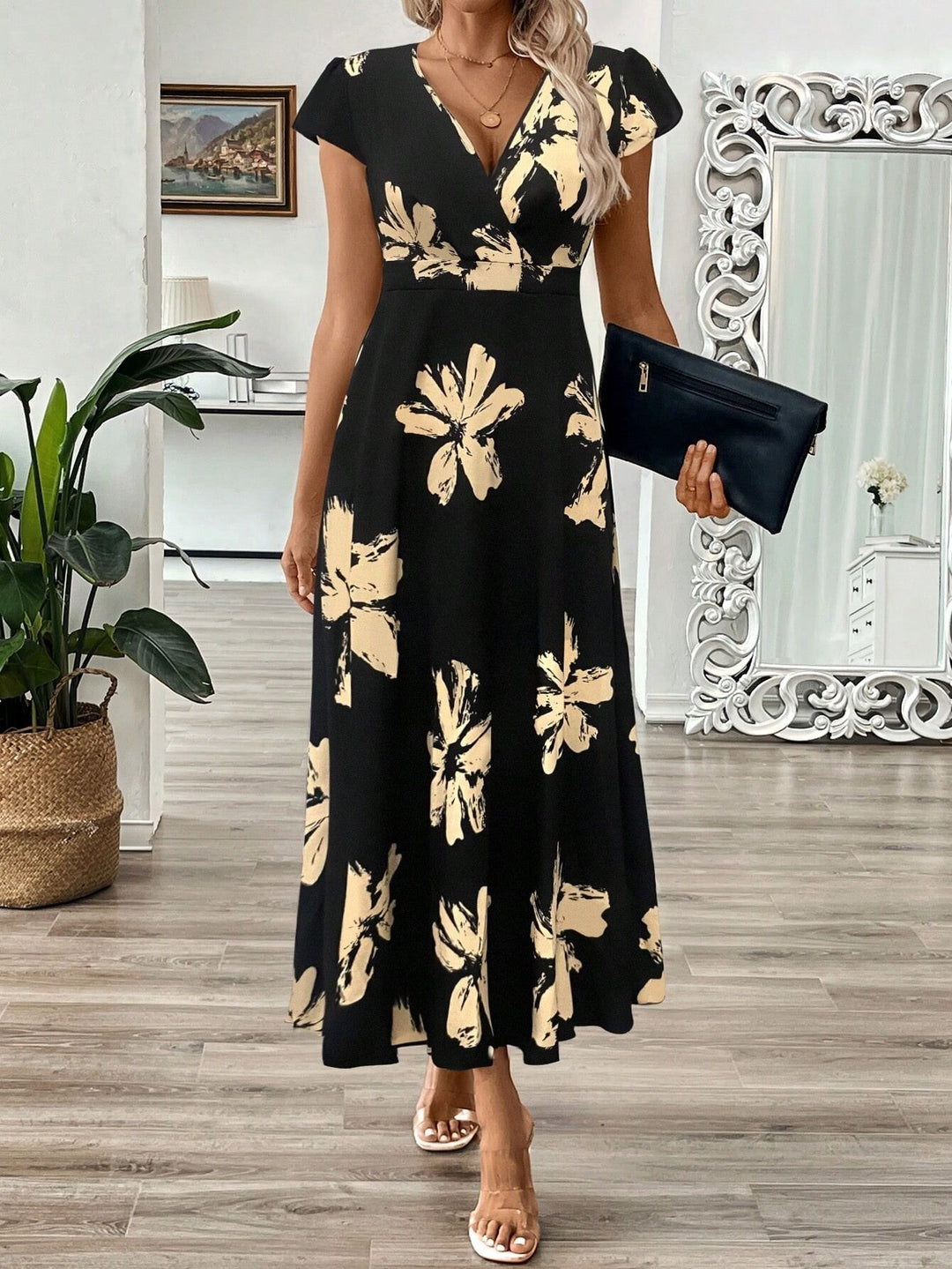 Black V Neck Floral Maxi Dress