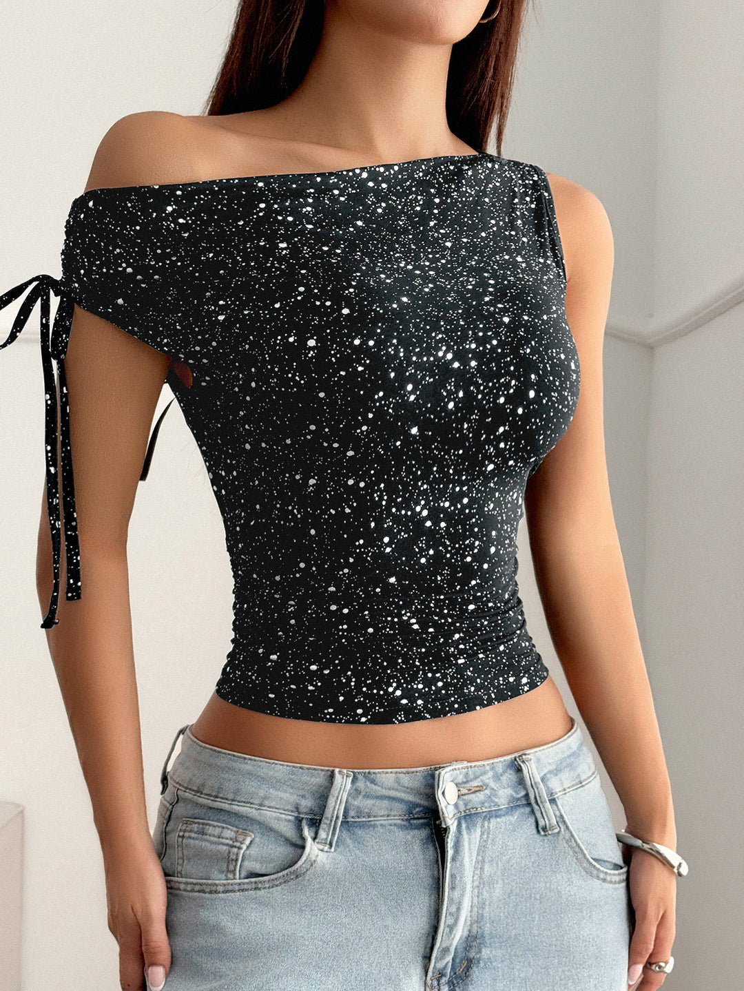Black Slim Shimmer One Shoulder Top