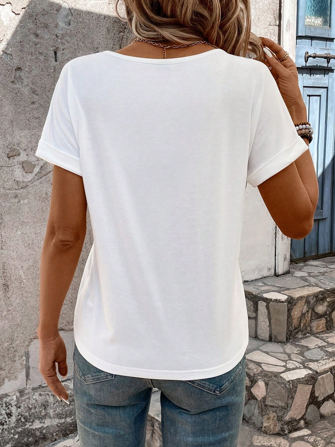 Off White Short Sleeve V-Neck Top