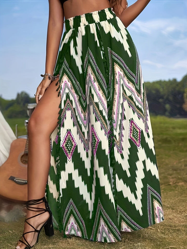 Green Printed Side Slit Maxi Skirt