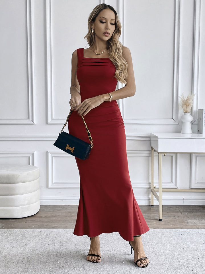 Red Square Neck Fit And Flare Dress