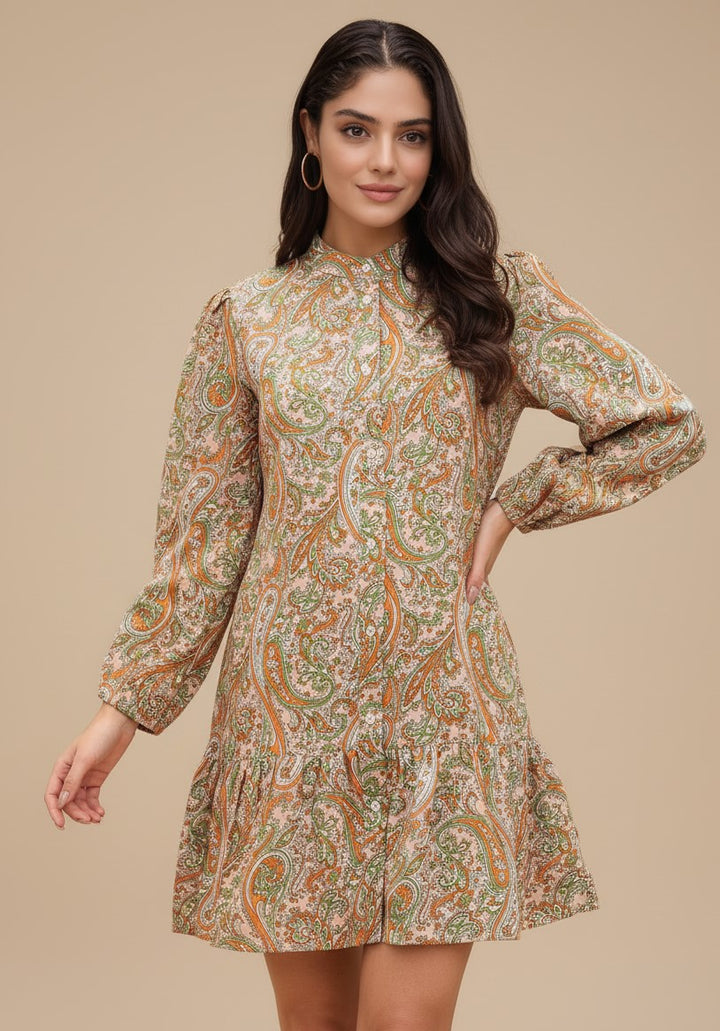 Peach Bishop Sleeve High Neck Abstract Printed Dress