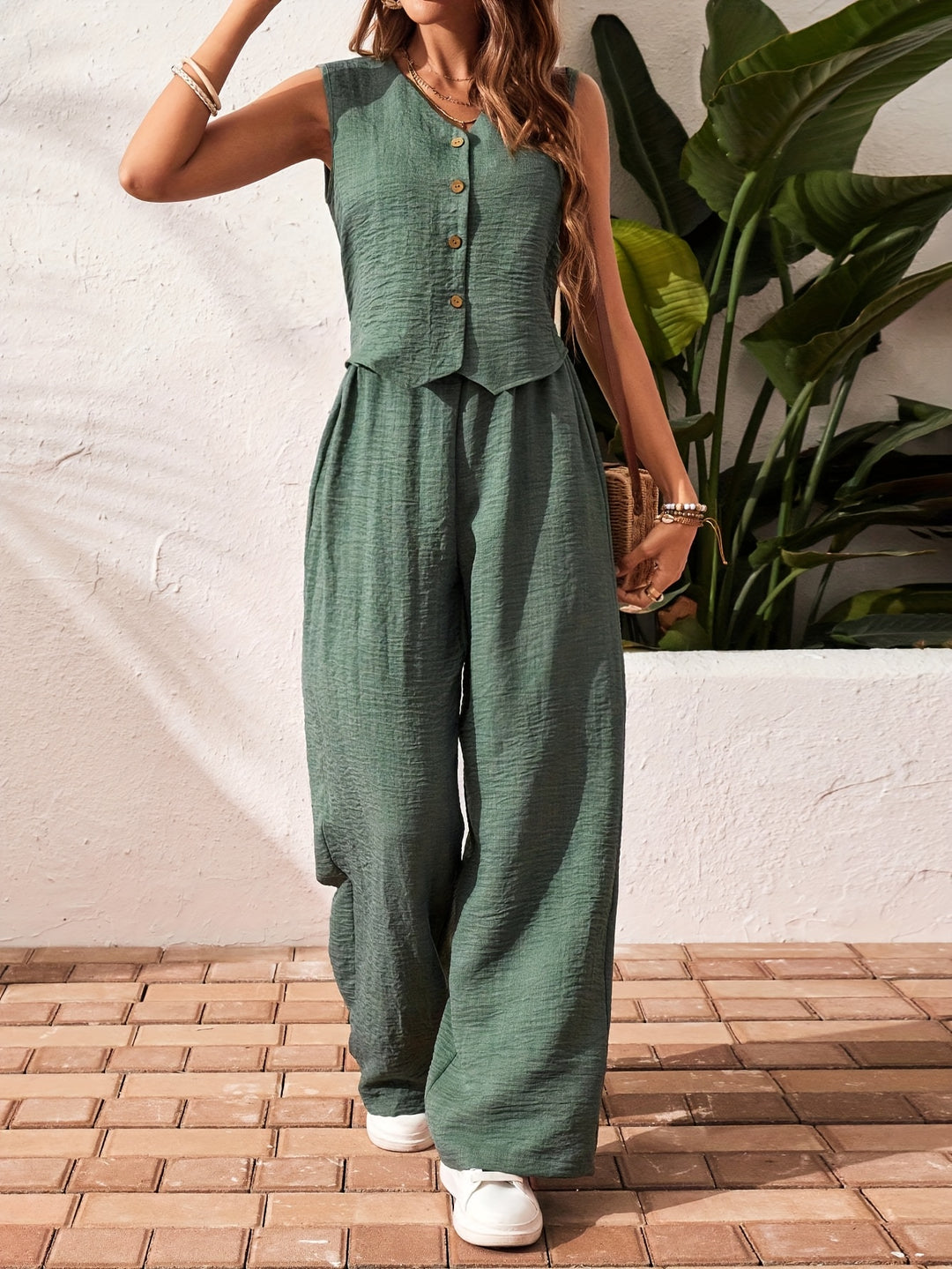 Green V-Neck Button Down Top & Pant Set