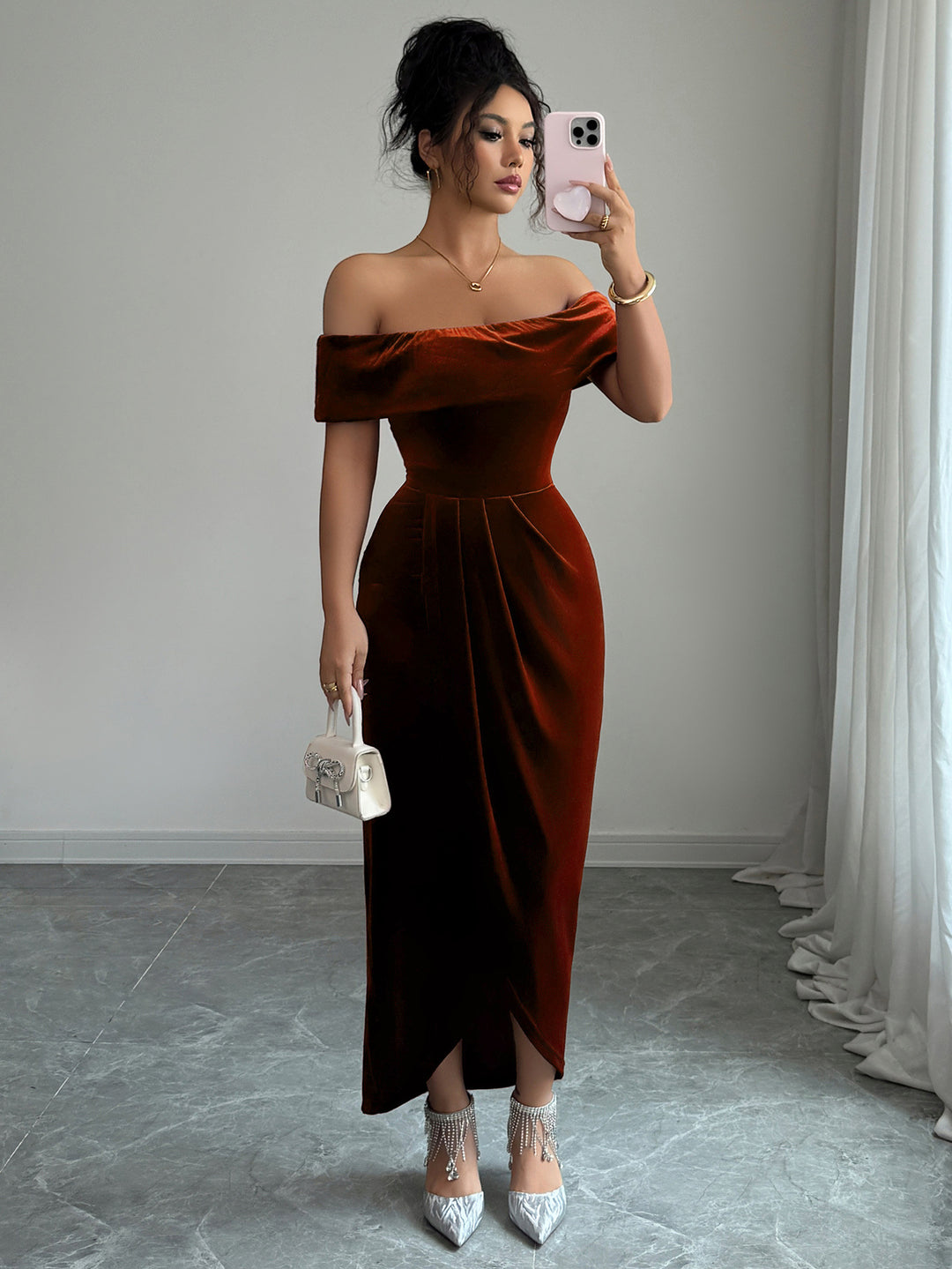 Maroon Off Shoulder Fitted Asymmetrical Hem Dress