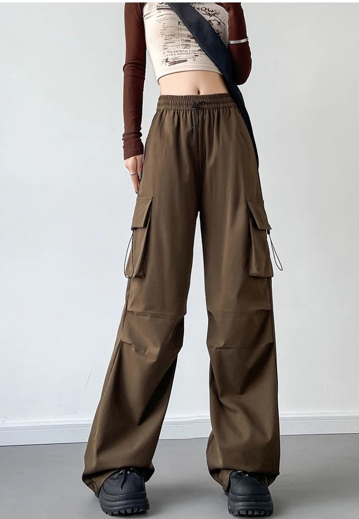 Brown Drawstring Parchute Pin Tucked Cargo Pants