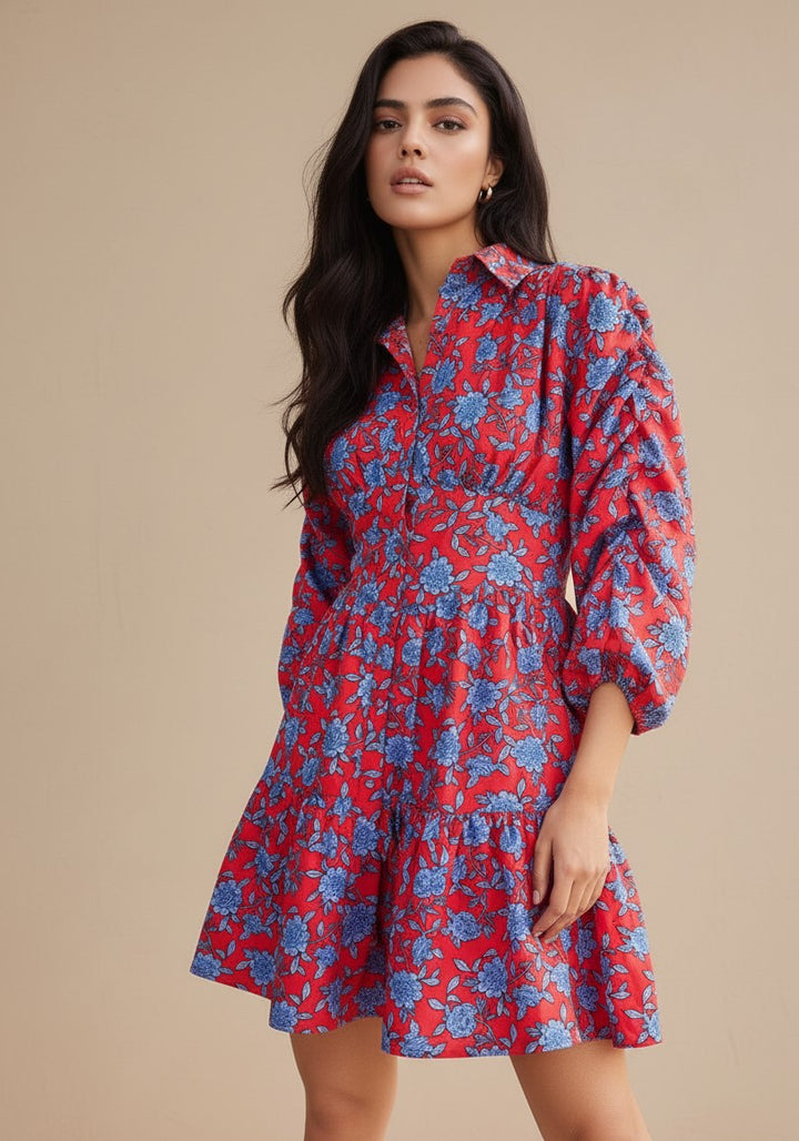 Red Printed Collared Neck Dress