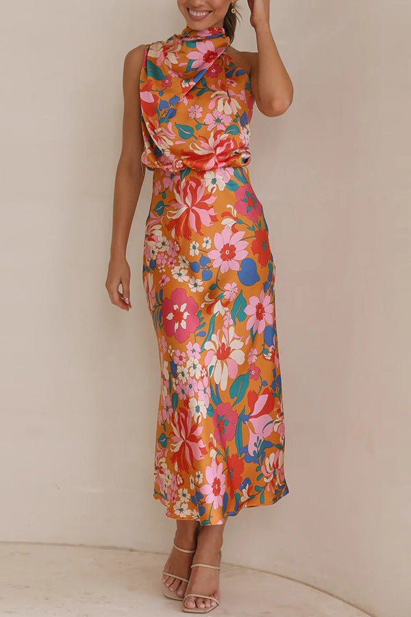 Orange Sleeveless High Neck Dress