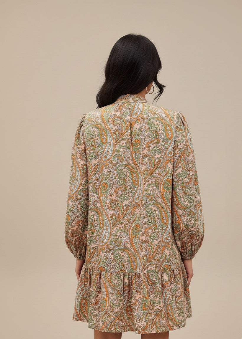 Peach Bishop Sleeve High Neck Abstract Printed Dress