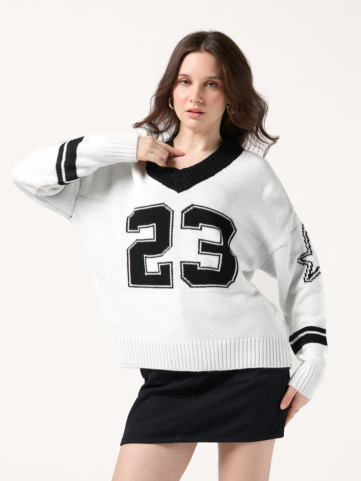 White Varsity Graphic Sweater