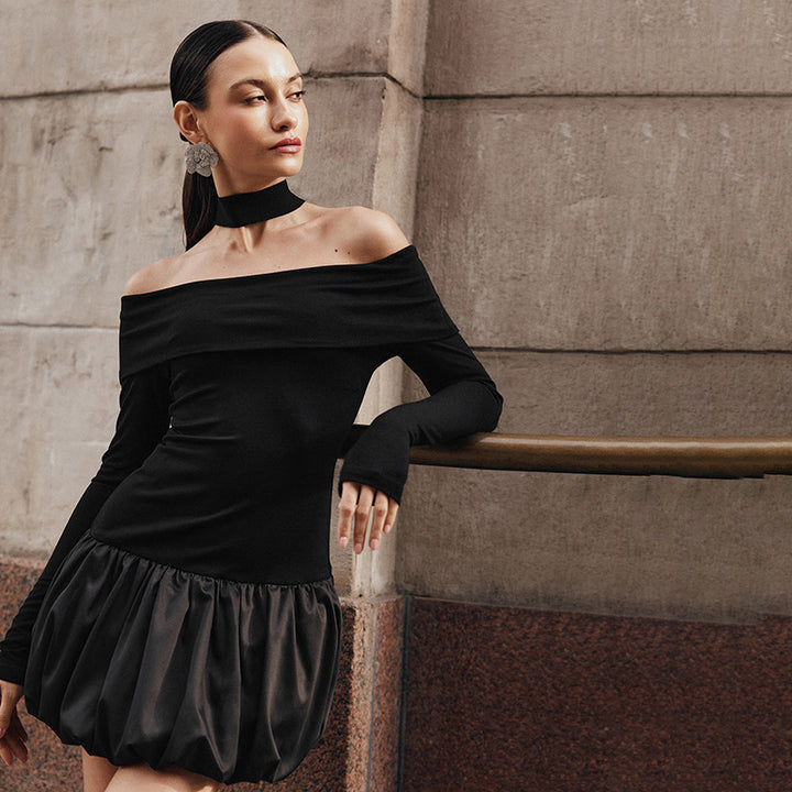 Black Bardot Top With Neck Tie Up Fitted Top
