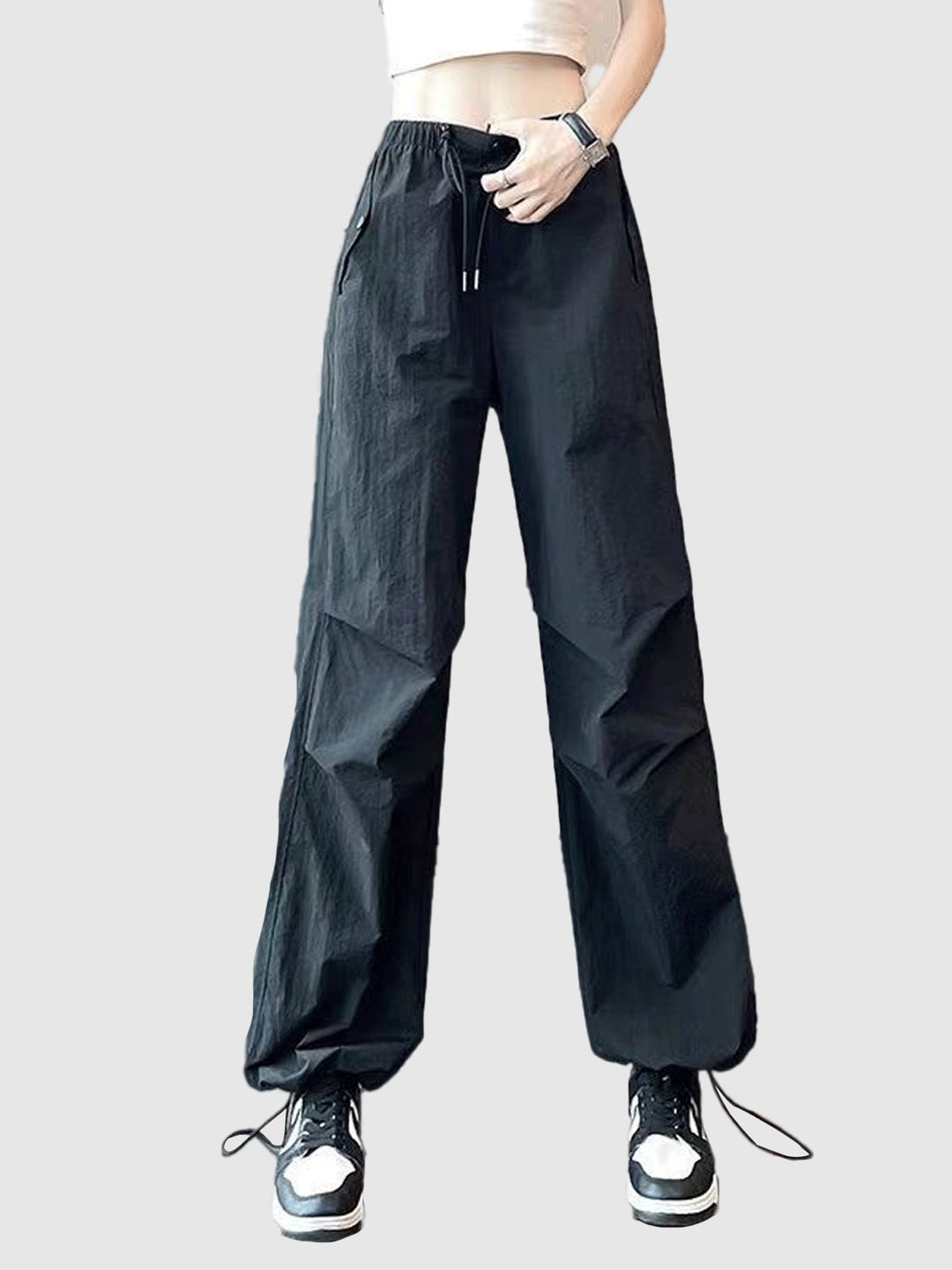 Black Elastic Cargo Pants With Drawstring