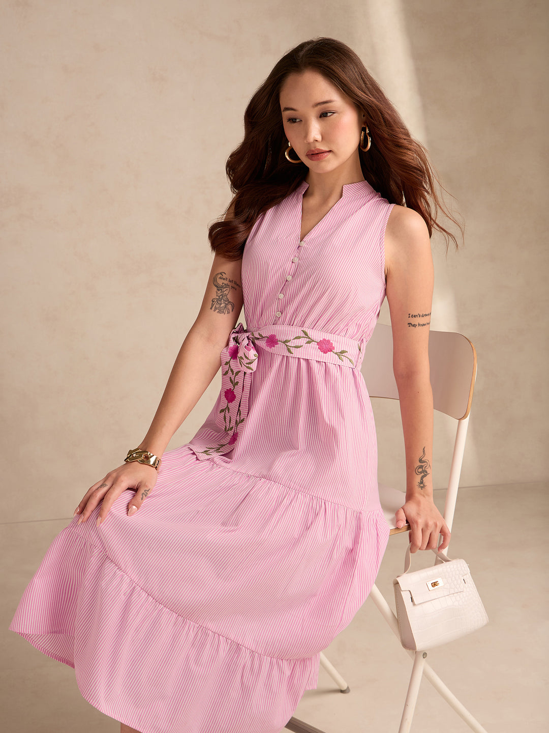 Pink Flared Sleeveless Midi Dress