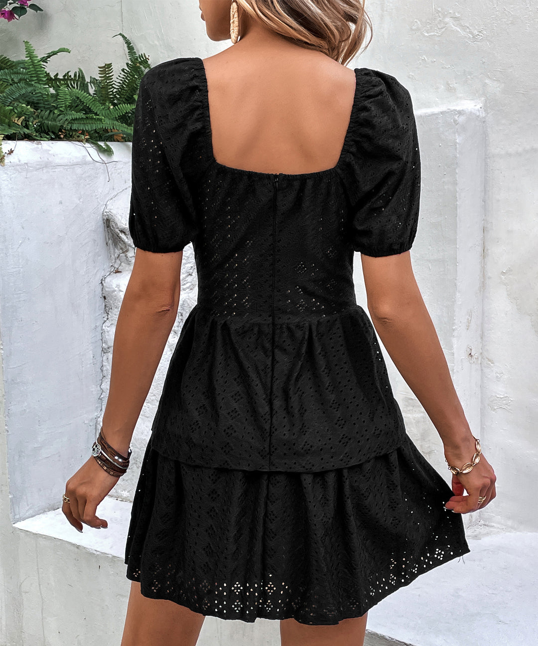 Black Puff Sleeve Corset Style Tiered Dress