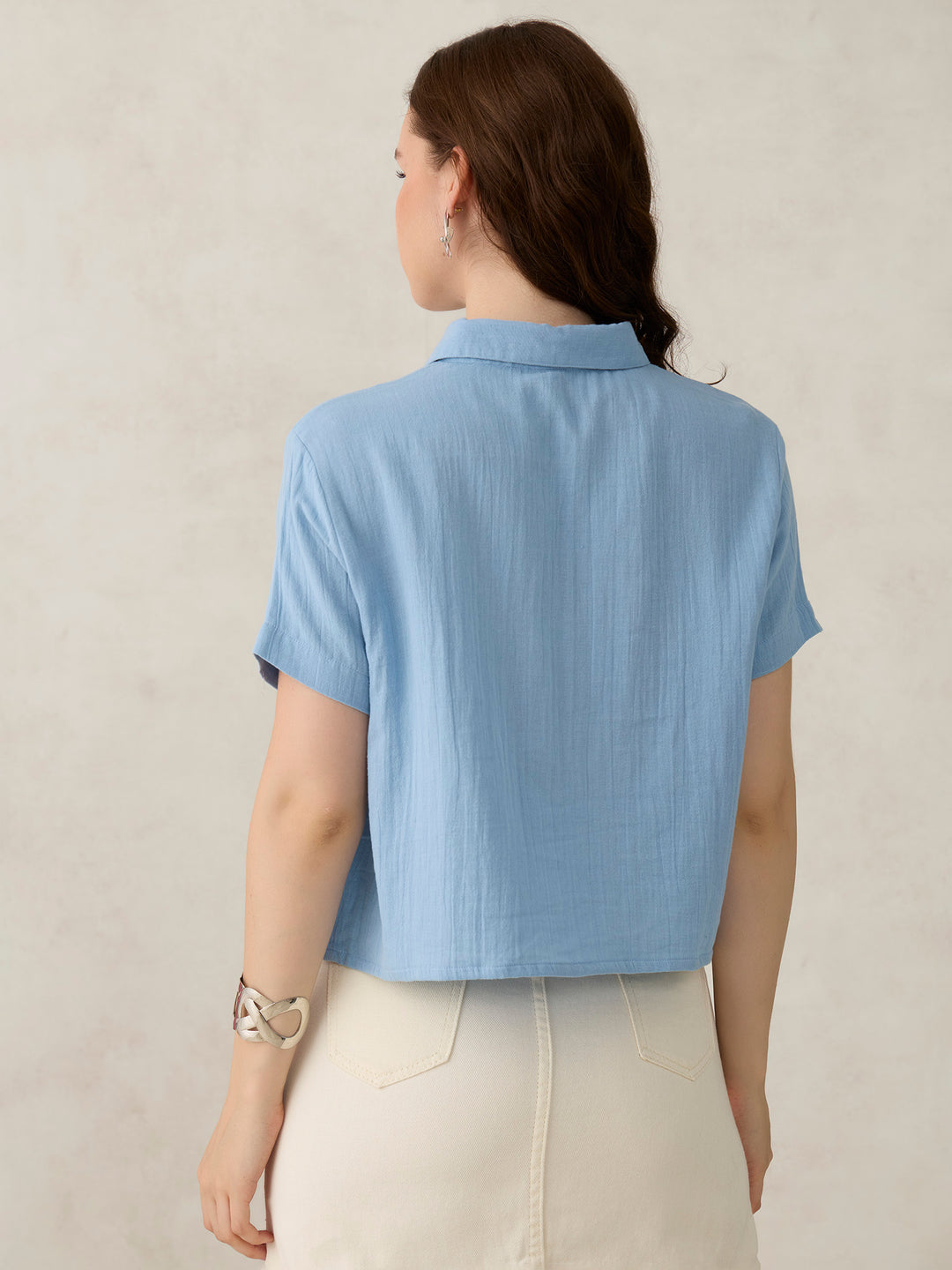 Blue Cropped Solid Shirt