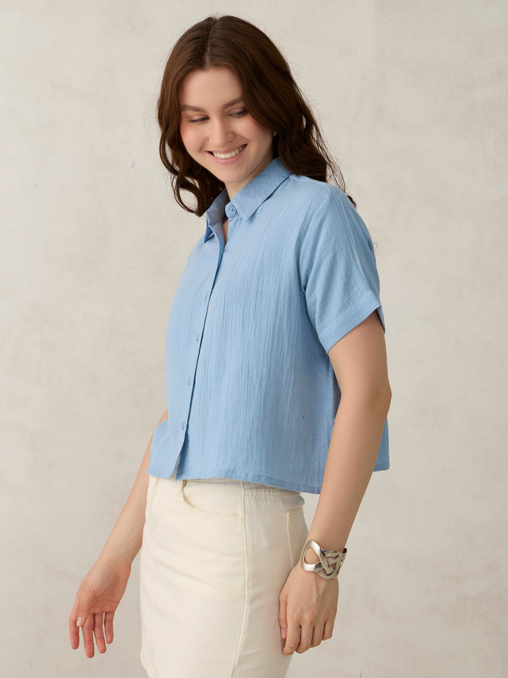 Blue Cropped Solid Shirt