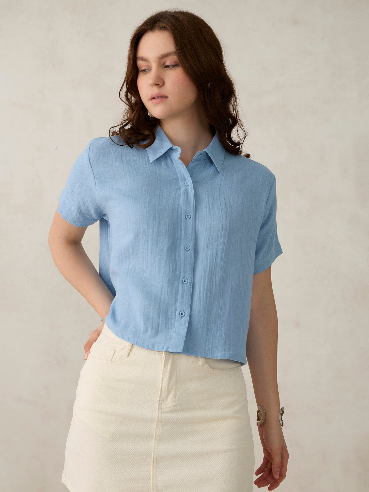 Blue Cropped Solid Shirt