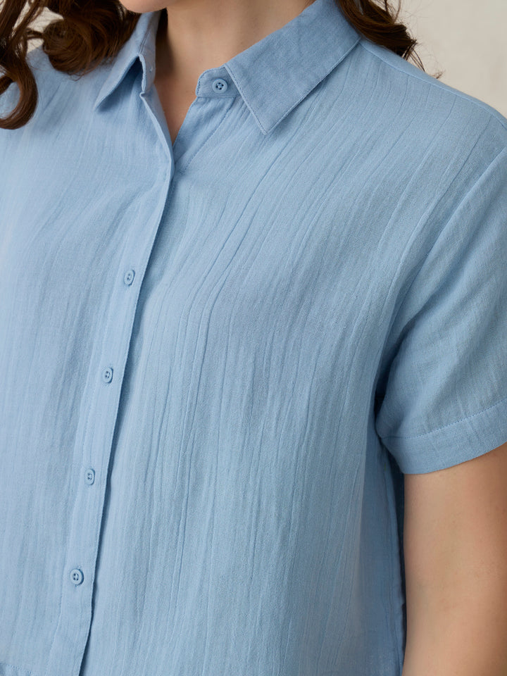 Blue Cropped Solid Shirt
