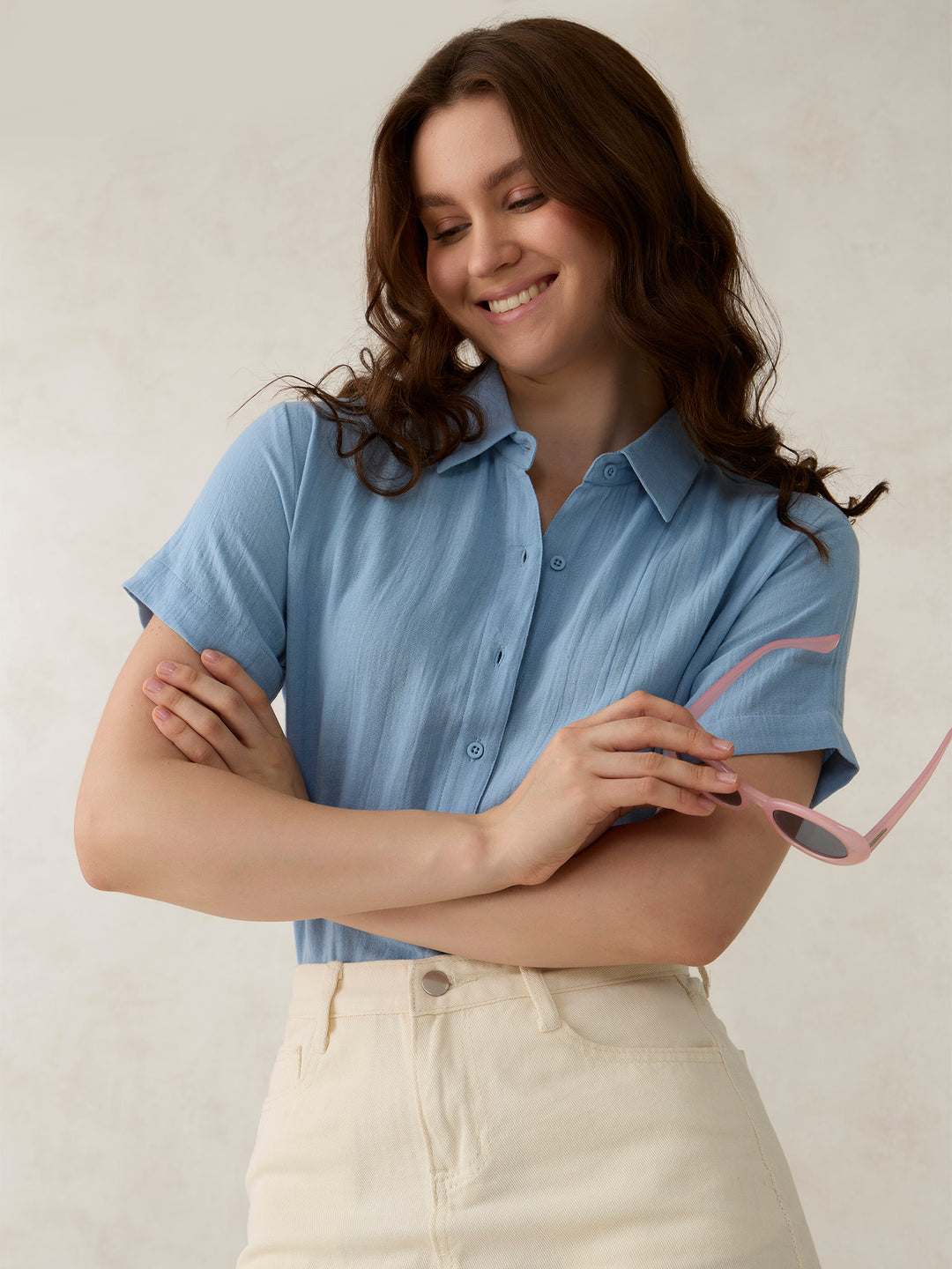 Blue Cropped Solid Shirt