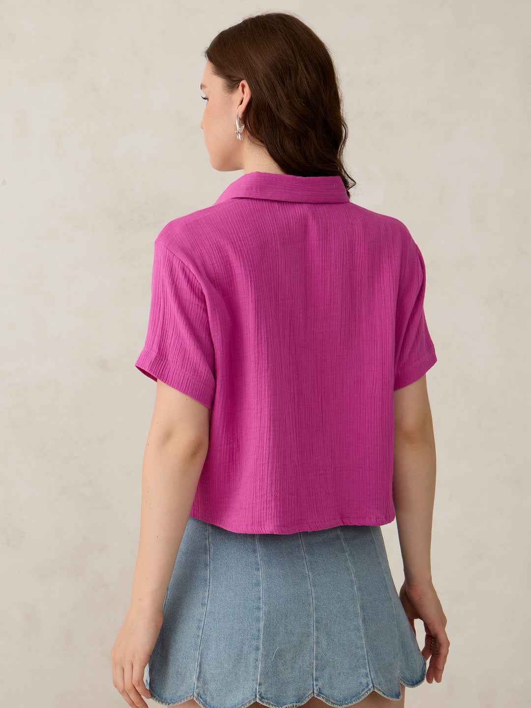 Pink Cropped Solid Shirt