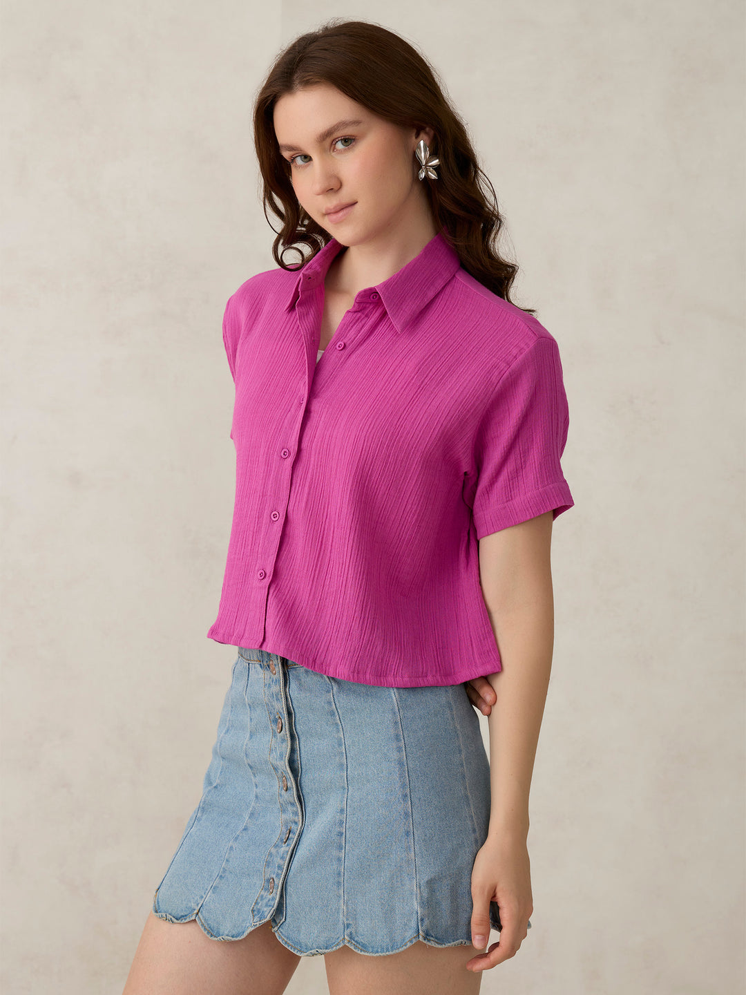 Pink Cropped Solid Shirt