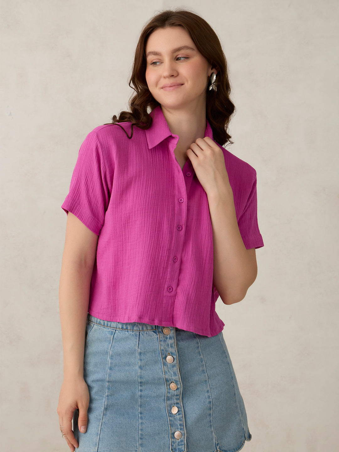 Pink Cropped Solid Shirt