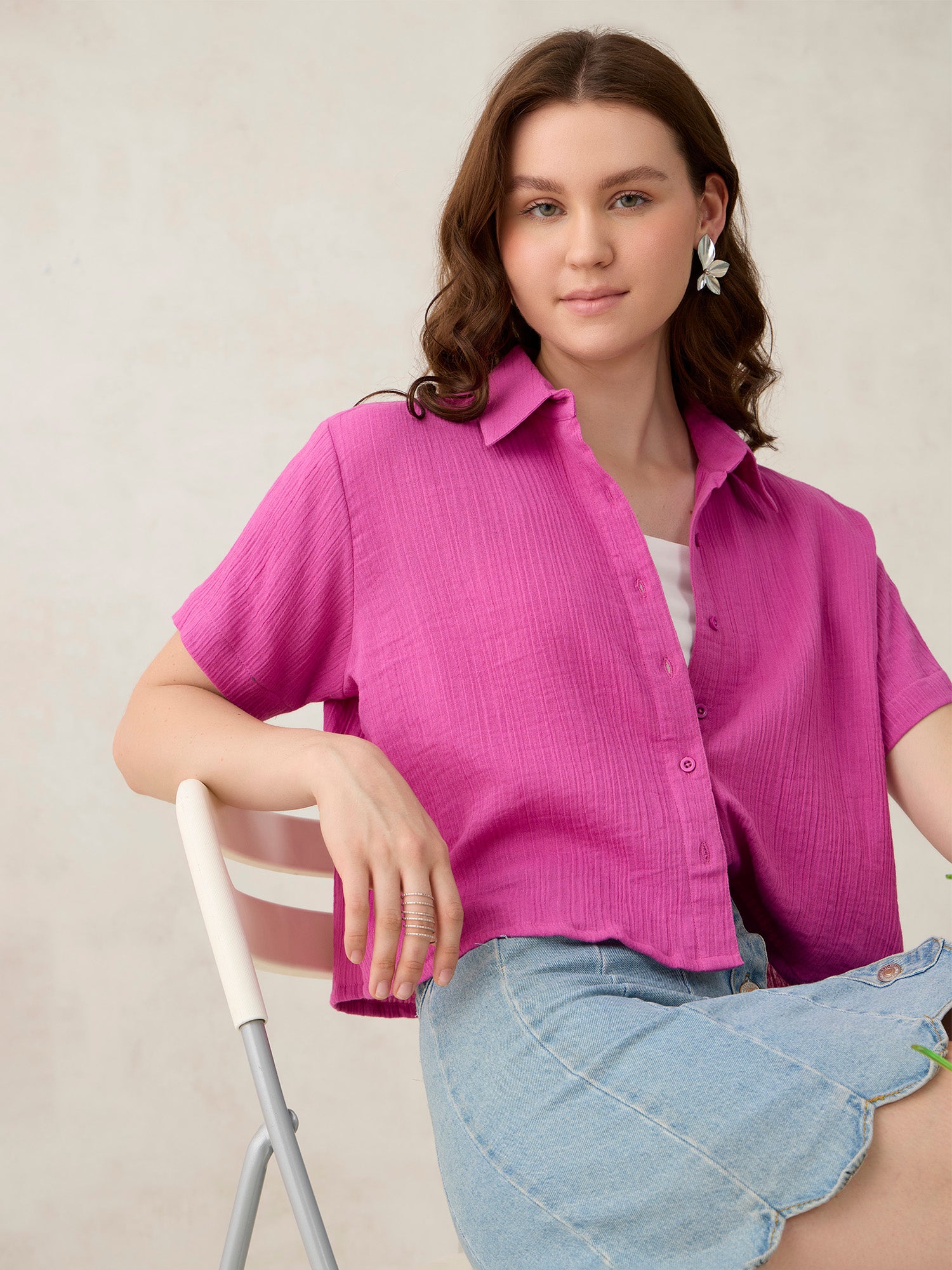 Pink Cropped Solid Shirt