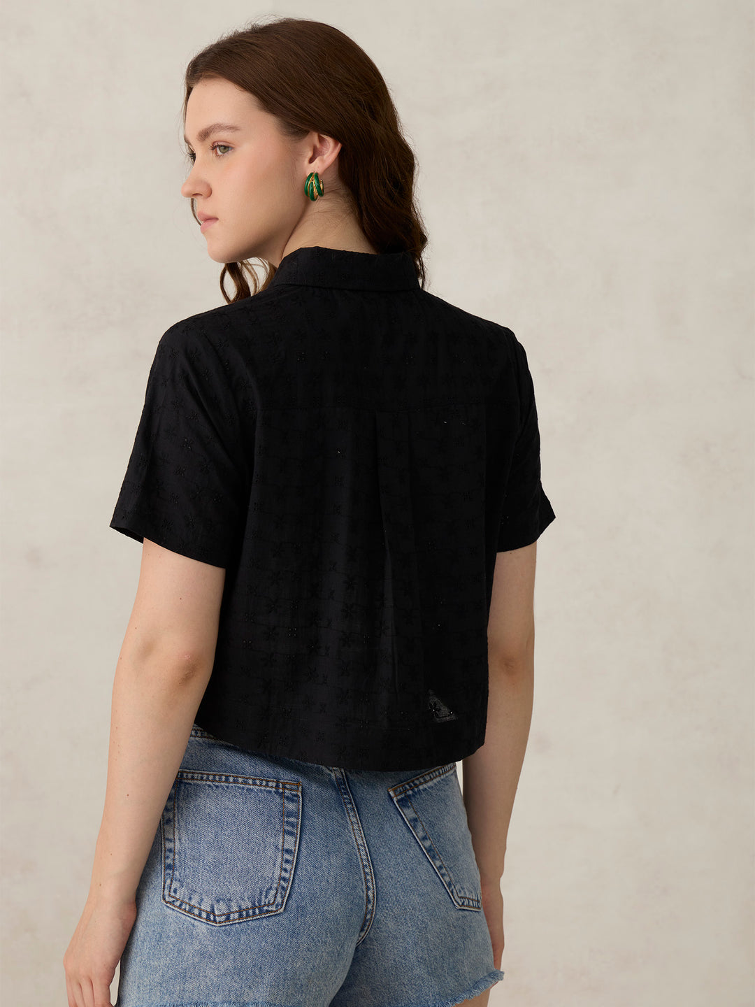 Black Cropped Schiffli Shirt