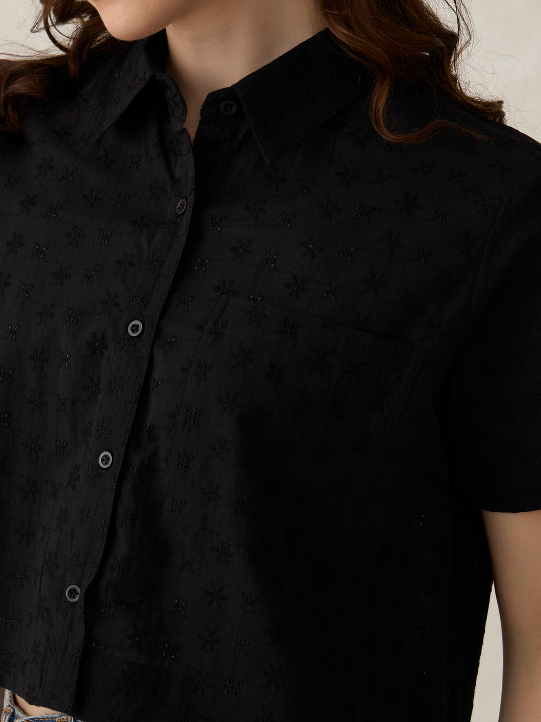Black Cropped Schiffli Shirt