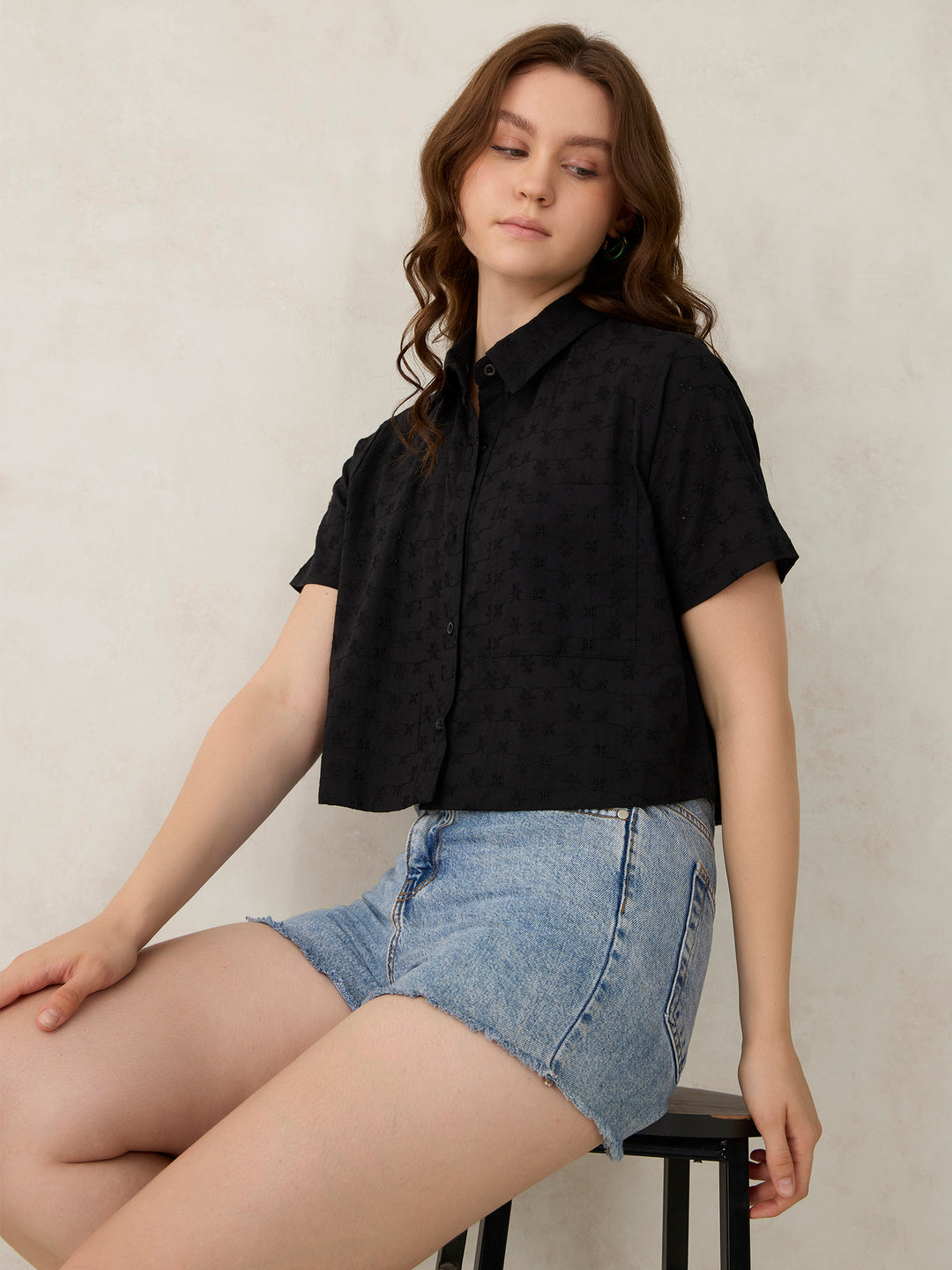 Black Cropped Schiffli Shirt