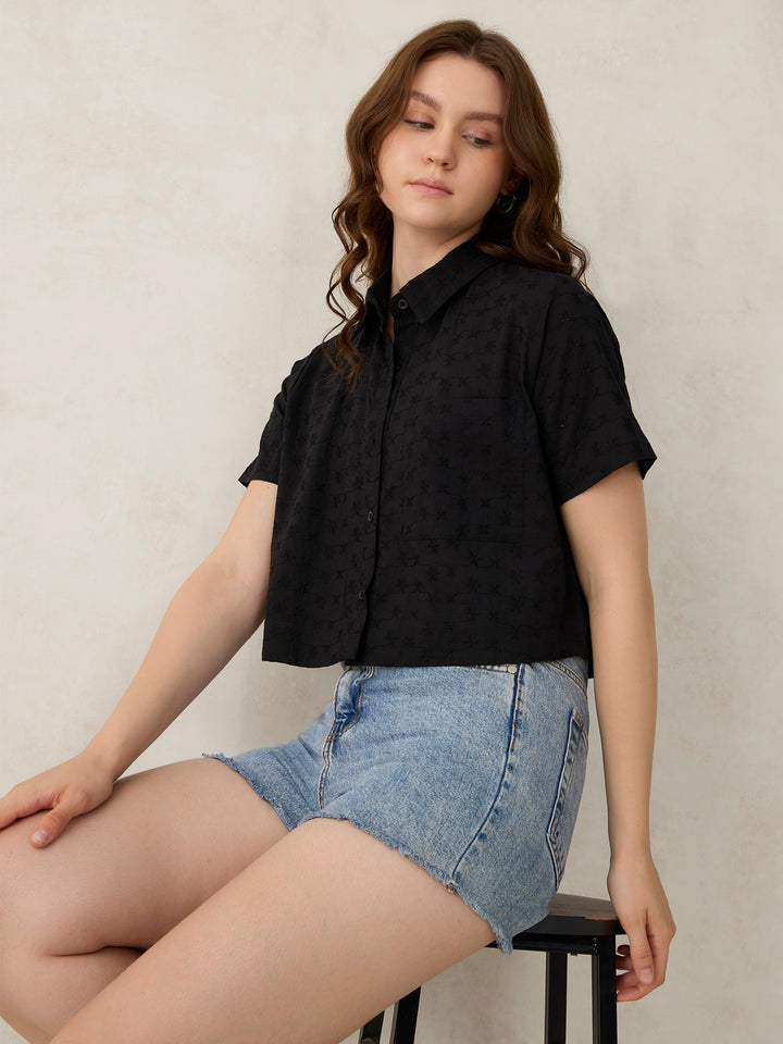 Black Cropped Schiffli Shirt