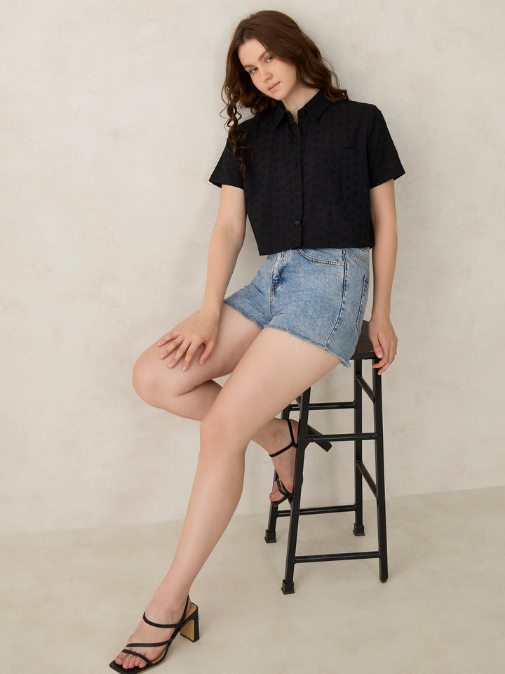 Black Cropped Schiffli Shirt