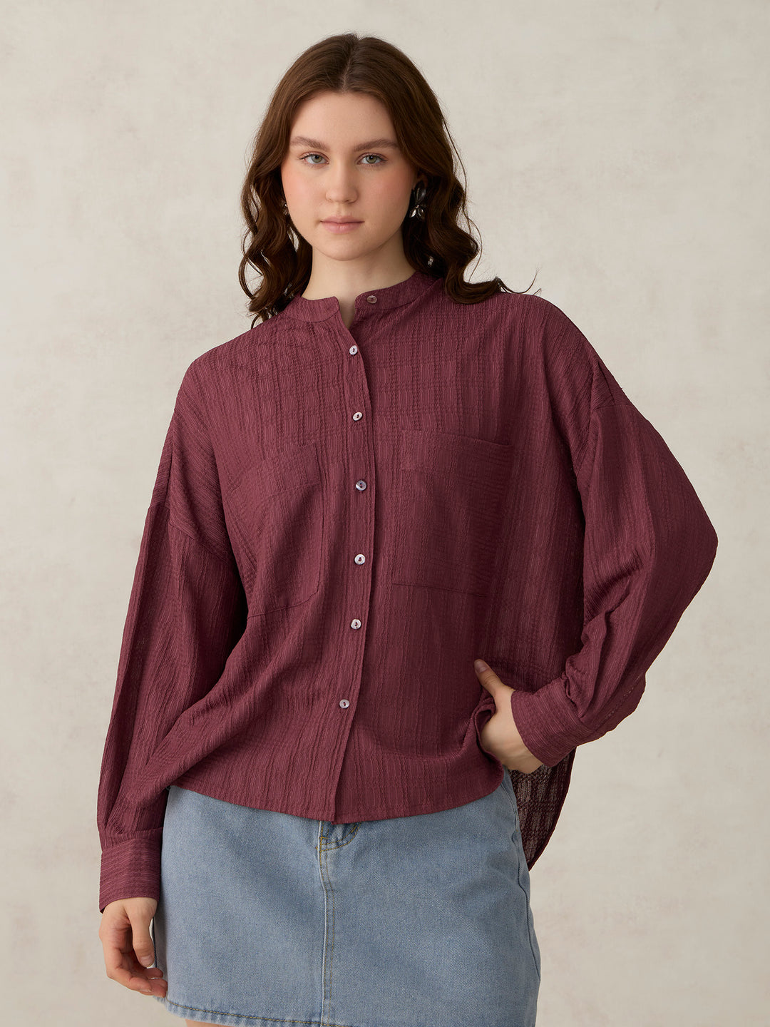 Dark Pink Textured Solid Shirt