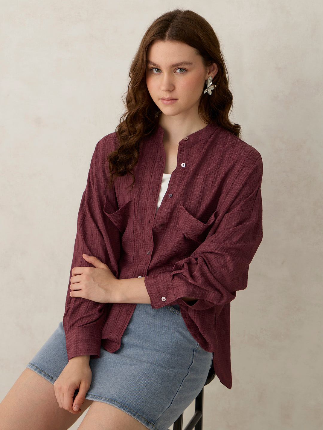 Dark Pink Textured Solid Shirt